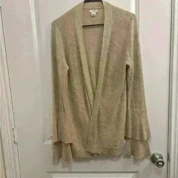 J. Crew Tiered Ruffle Bell Sleeve Tan Cardigan - M - Picture 2 of 8